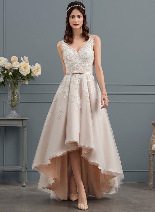 Bow(s) Tulle Dress Wedding Dresses With A-Line Camilla Lace Wedding Asymmetrical V-neck