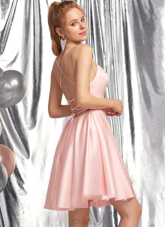 Short/Mini Rihanna Satin A-Line Neckline Square Prom Dresses