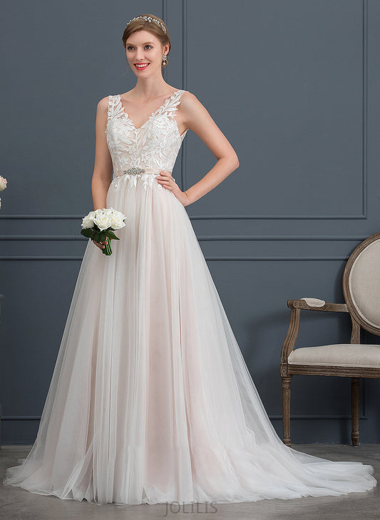 Court V-neck Tulle Dress Wedding Dresses Beading With Train A-Line Wedding Haylee