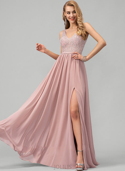 Prom Dresses With Split Sequins Chiffon V-neck Floor-Length A-Line Beading Madelynn Front