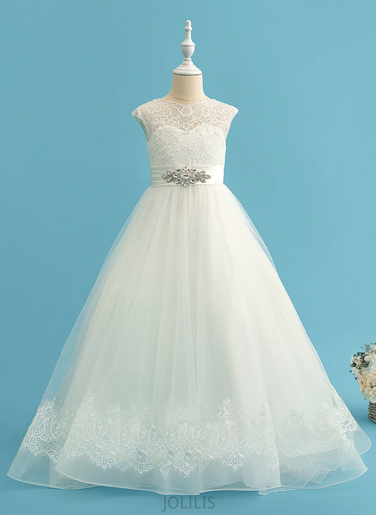 Satin/Tulle/Lace Flower Girl Dresses Train Flower Neck With Sweep Dress Ball-Gown/Princess - Scoop Sleeveless Beading Yvonne Girl