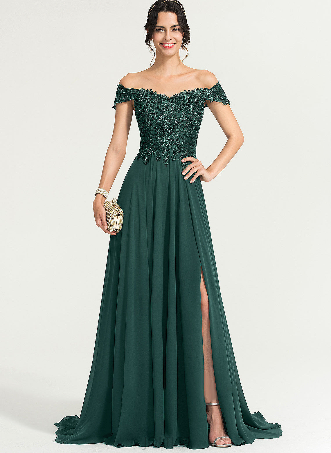 Natalya Sequins Front A-Line Off-the-Shoulder Split Chiffon Prom Dresses Train Sweep With