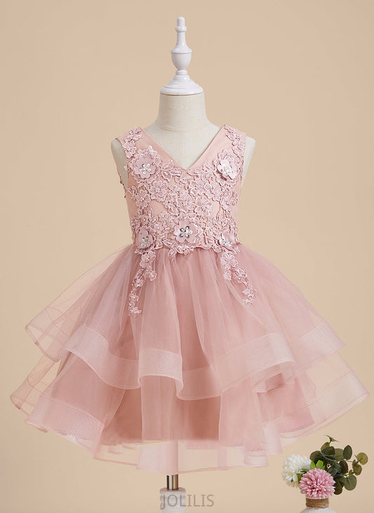 Dress V-neck Sleeveless Flower A-Line Knee-length Teresa Tulle/Lace - Flower Girl Dresses Girl Beading/Flower(s)/Sequins With