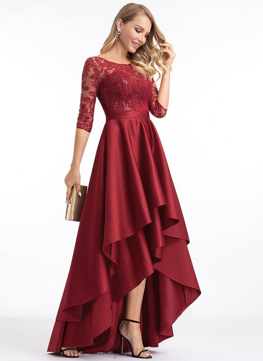 Scoop A-Line Asymmetrical Satin With Anastasia Prom Dresses Illusion Sequins Lace