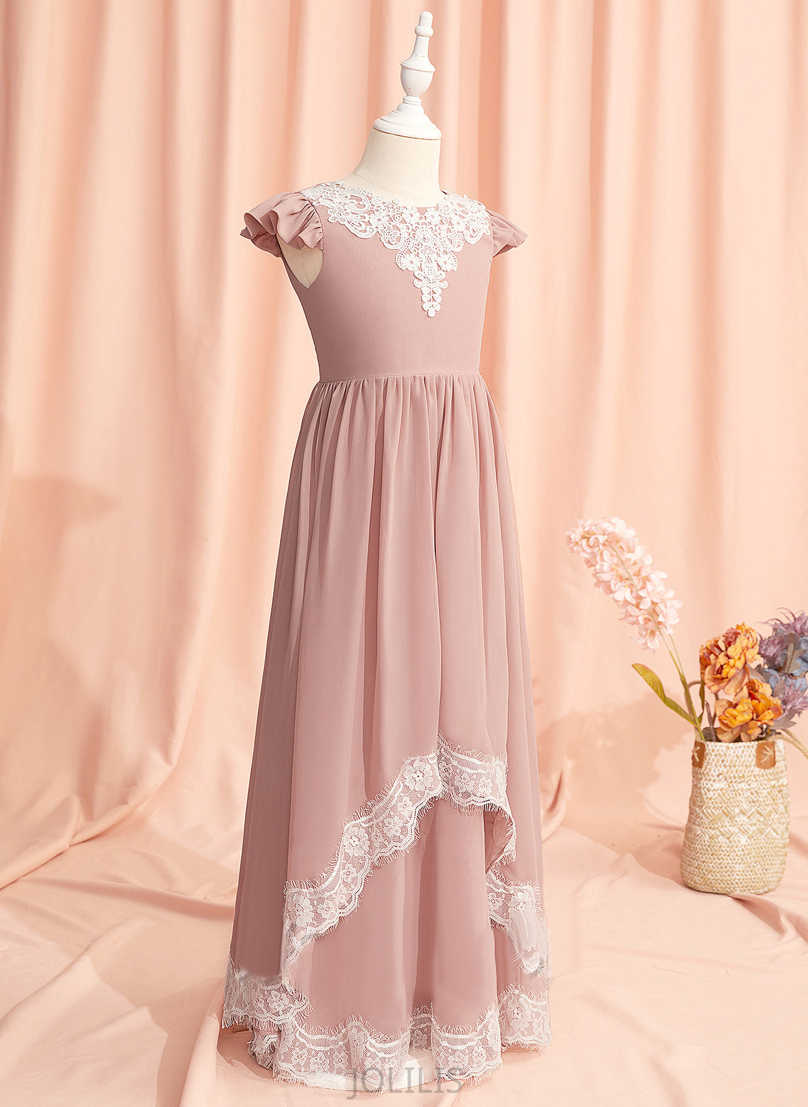 A-Line With Sleeves Flower Girl Dresses Floor-length Lace/V Back Flower Scoop Short Girl - Dress Neck Sylvia Chiffon/Lace