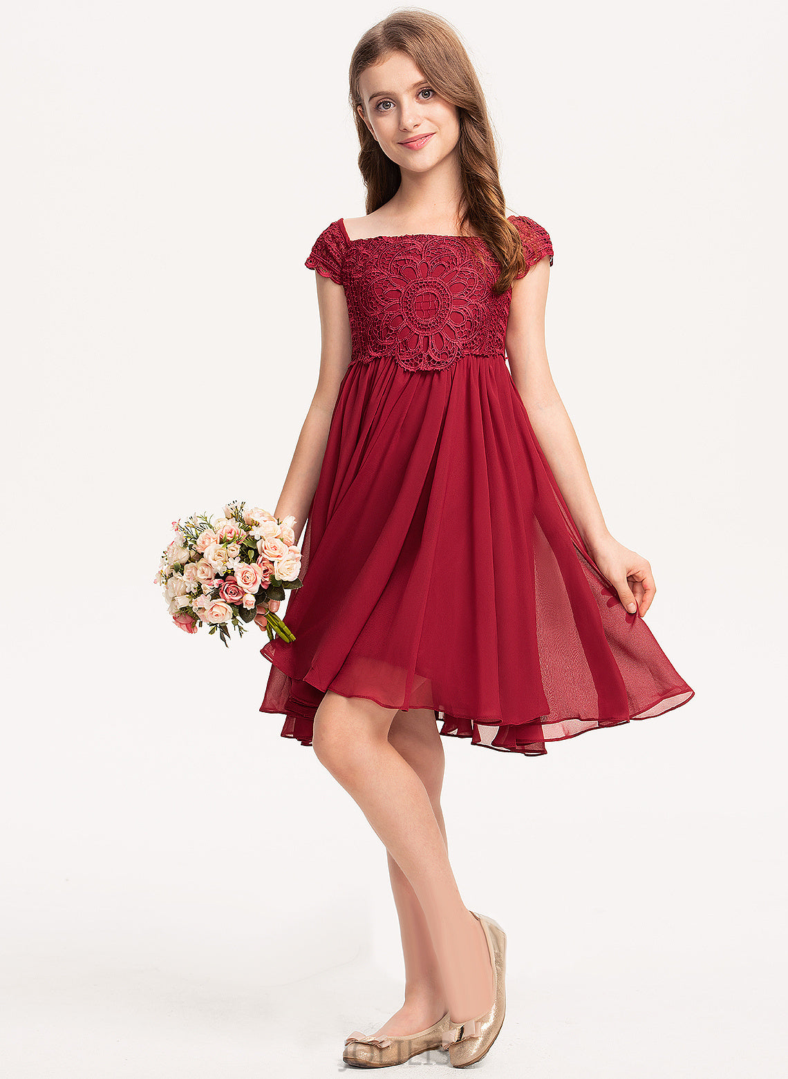 A-Line Chiffon Square Sleeves Flower Short Flower Girl Dresses Dress - Jode Neckline Girl Knee-length