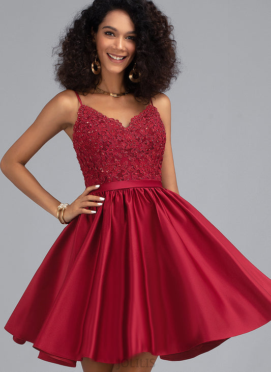 Lace Beading Prom Dresses With Satin A-Line V-neck Short/Mini Caitlyn