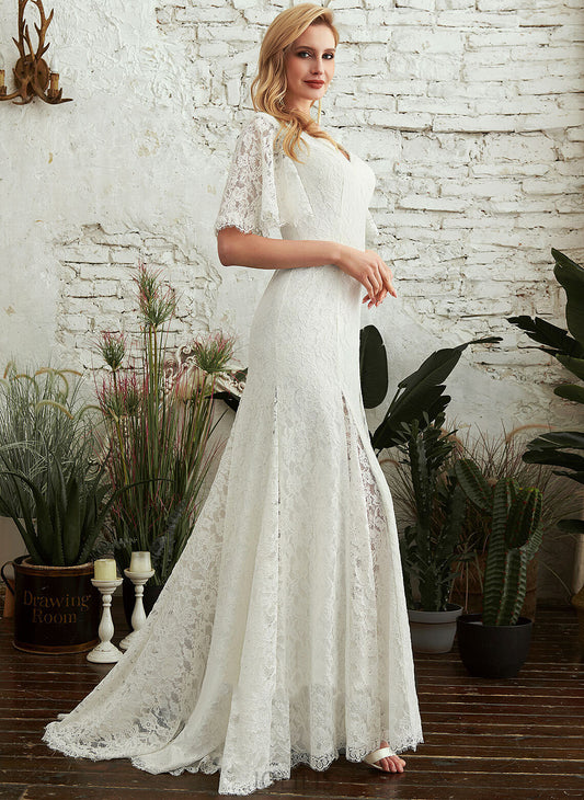 Wedding V-neck Lace With Wedding Dresses Sweep Split Lydia Train Dress Sheath/Column Front