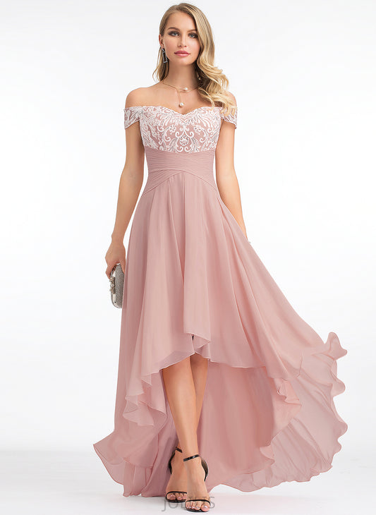 Chiffon Isabell With Asymmetrical Lace A-Line Off-the-Shoulder Pleated Prom Dresses