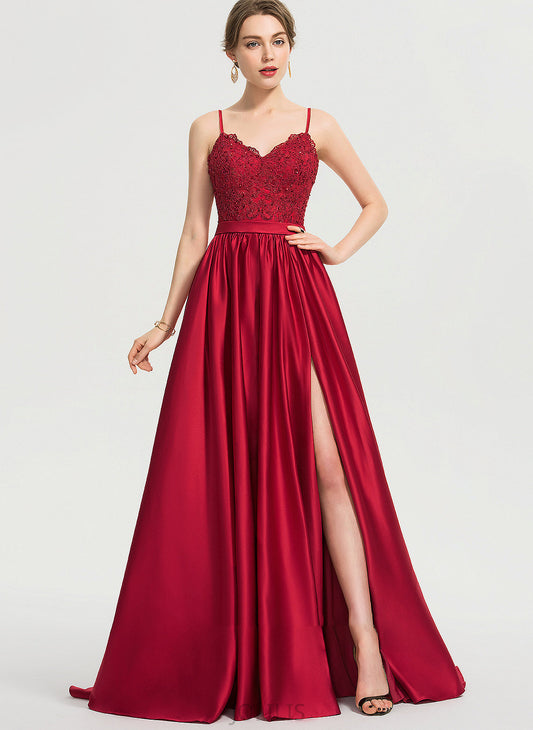 Front With Split Train Satin V-neck Ball-Gown/Princess Prom Dresses Sweep Sequins Aracely Beading