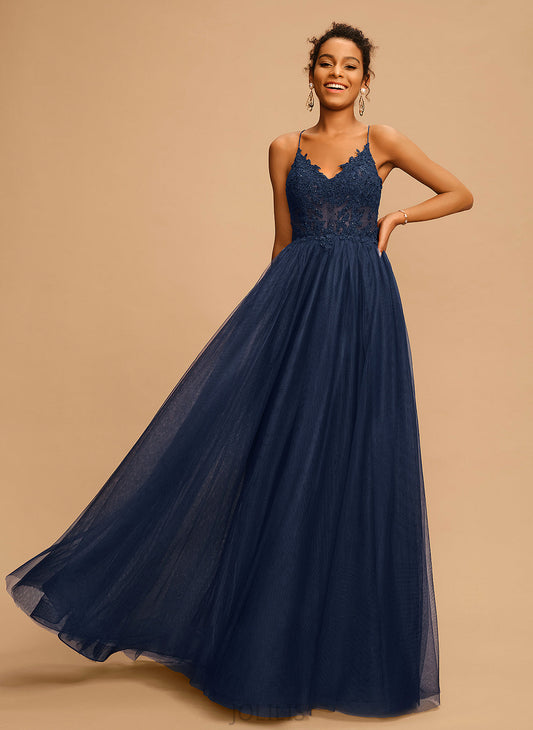 Floor-Length With Tulle A-Line Amira Sequins V-neck Prom Dresses Beading