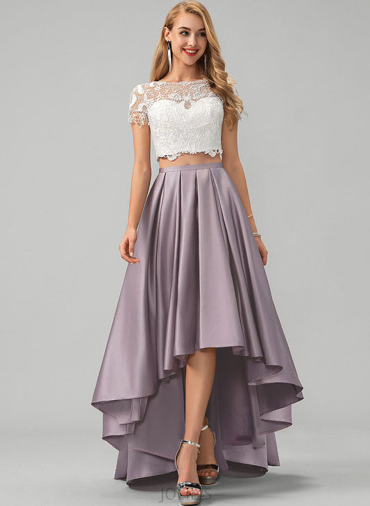 Scoop A-Line Prom Dresses Lace Satin Pockets Neck With Asymmetrical Alexia