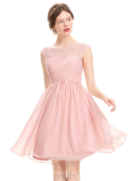 Chiffon Beading Carmen Sequins Prom Dresses A-Line Knee-Length With Neck Lace Scoop Ruffle