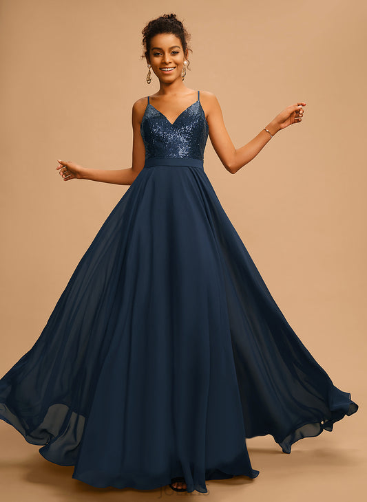 Sequined Chiffon V-neck With Floor-Length Sequins Mira A-Line Prom Dresses