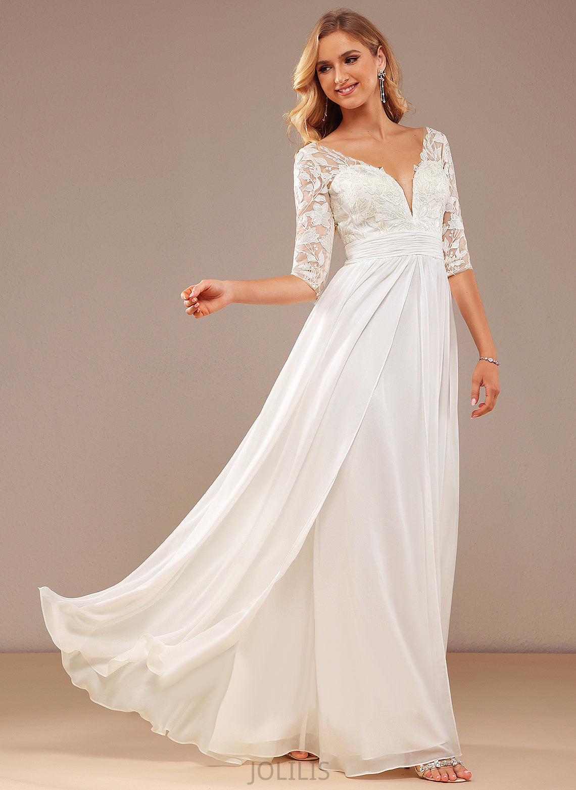 Wedding Dresses Sequins A-Line Lace Wedding With Lace Floor-Length Haleigh Dress Ruffle Chiffon V-neck