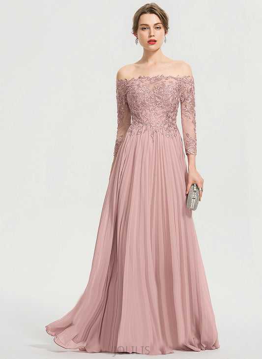 Sequins With Floor-Length Prom Dresses Pleated Kit Lace Off-the-Shoulder Ball-Gown/Princess Chiffon