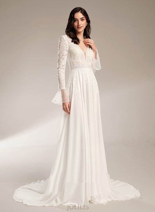 Train With Ruffle Chiffon Lace Dress Court Nathalia V-neck A-Line Wedding Wedding Dresses