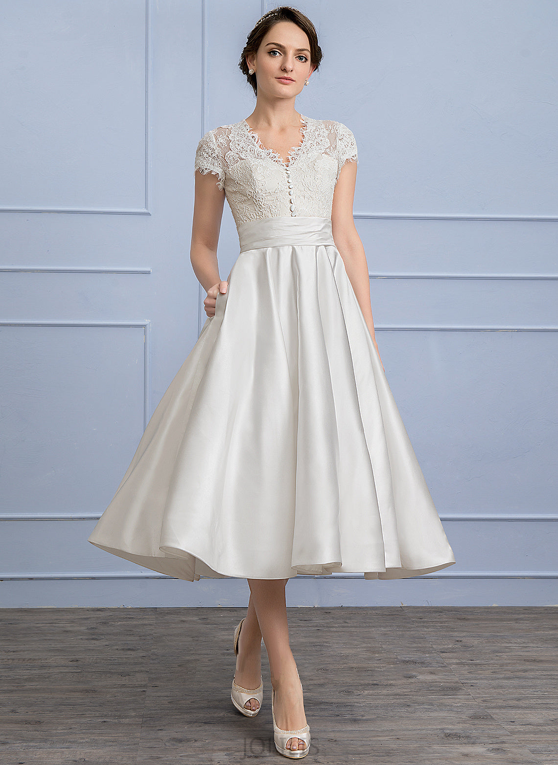 Samara Dress V-neck Satin Wedding Dresses A-Line Wedding Ruffle Pockets With Tea-Length