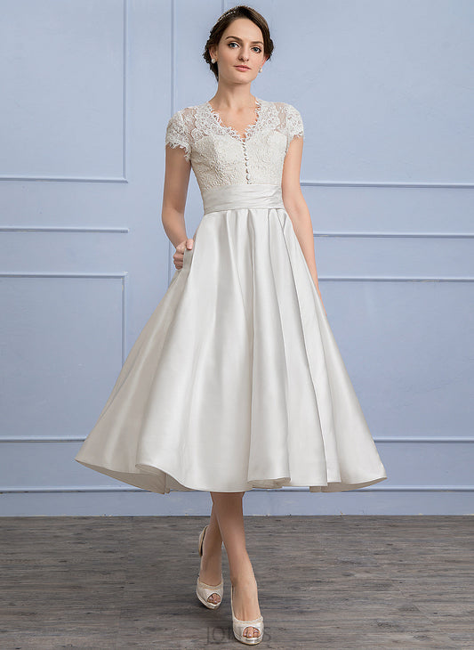 Samara Dress V-neck Satin Wedding Dresses A-Line Wedding Ruffle Pockets With Tea-Length