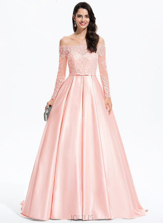 With Sweep Prom Dresses Bow(s) Train Satin Greta Ball-Gown/Princess Off-the-Shoulder