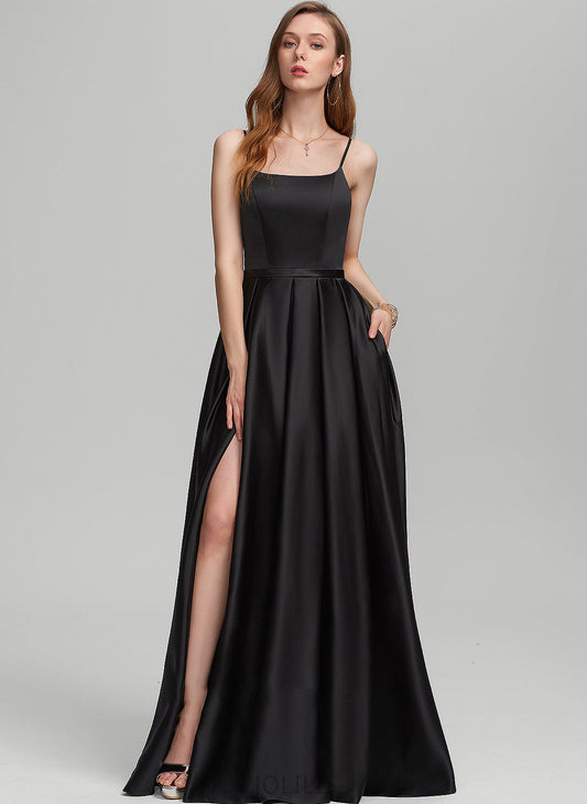 Satin Split Mary Pockets A-Line Front Prom Dresses Floor-Length With Neckline Square