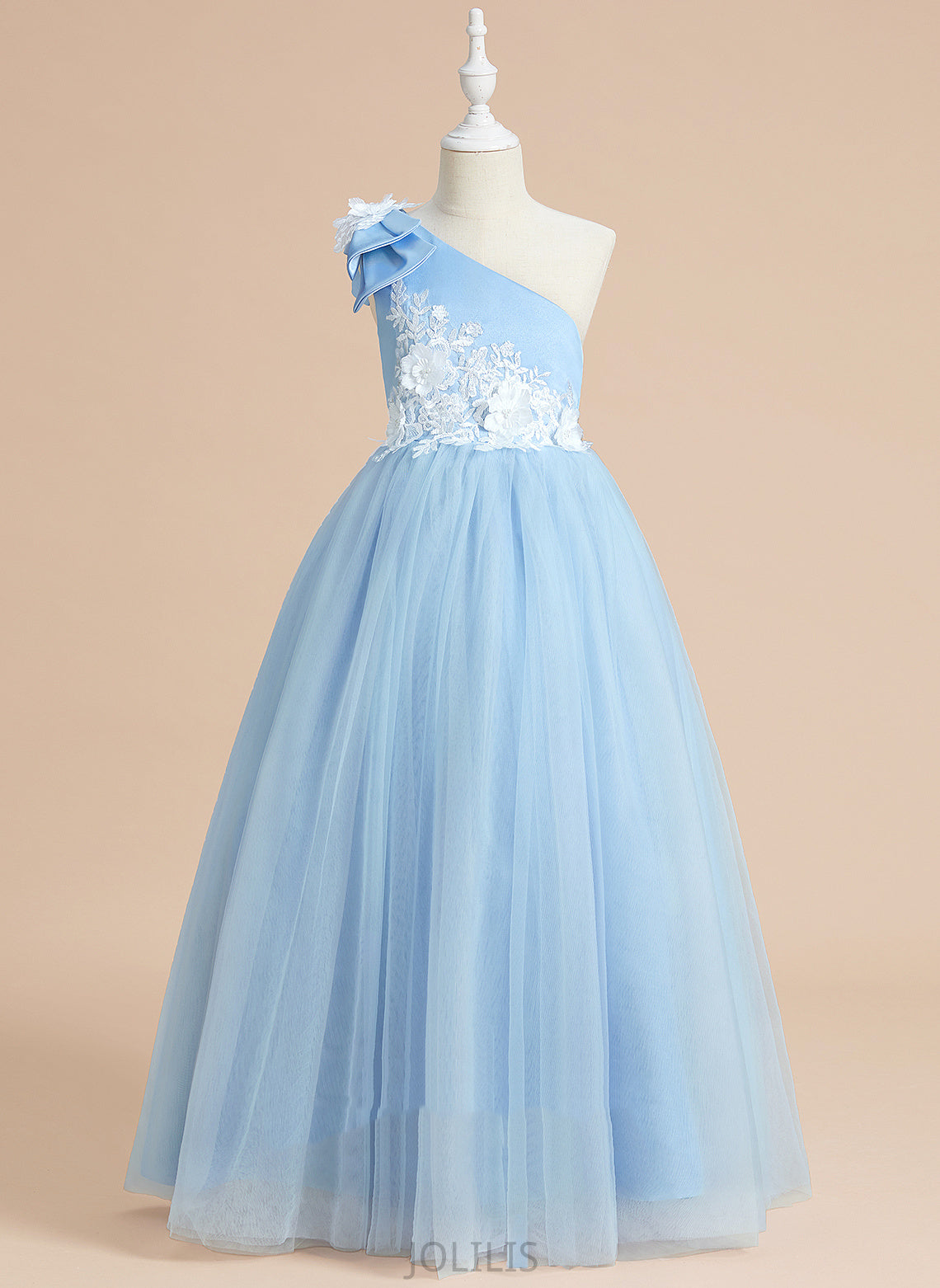 Lace/Bow(s) With One-Shoulder Kenzie Floor-length Ball-Gown/Princess Dress Flower Girl Dresses - Sleeveless Satin/Tulle Flower Girl