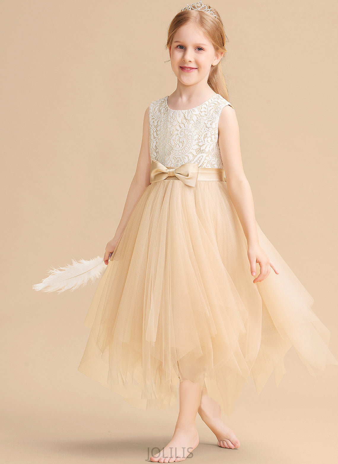 Neck A-Line Scalloped - Lace/Bow(s) With Tea-length Tulle Flower Girl Dresses Lucile Flower Girl Sleeveless Dress