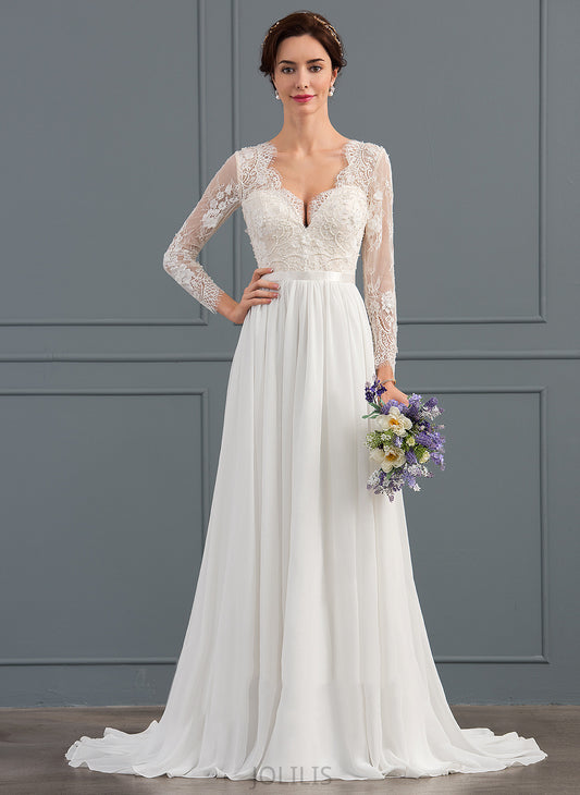 Aliana Train Sequins Wedding Dresses Lace A-Line Beading Wedding Sweep V-neck With Dress Chiffon