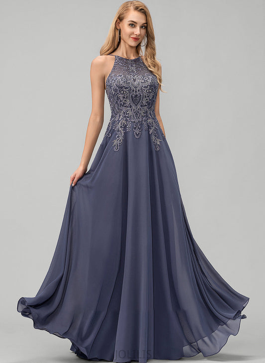 Sequins Lace Neck Prom Dresses Juliana Chiffon Scoop With A-Line Floor-Length