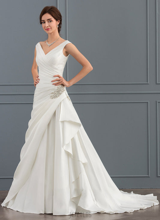 Wedding Satin Beading Wedding Dresses A-Line Dress Train Court With V-neck Athena