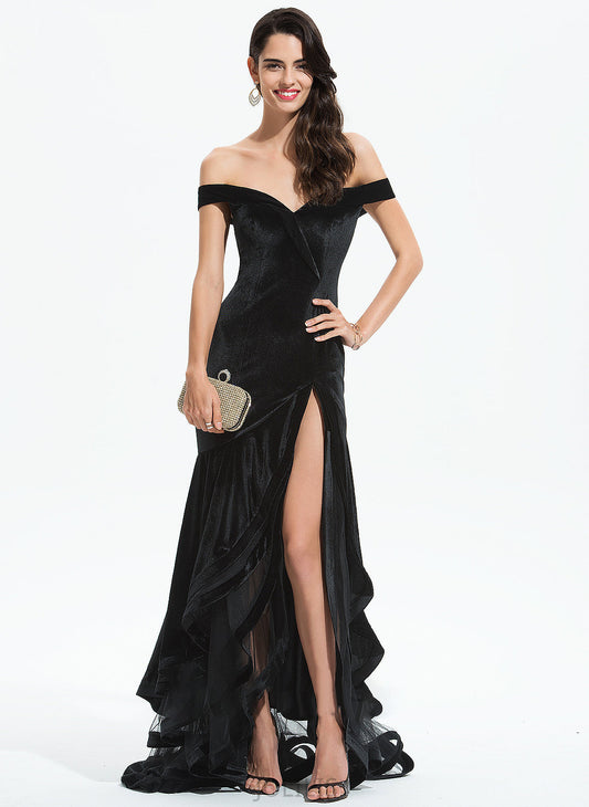 Train With Cascading Prom Dresses Sweep Ruffles Adrienne Off-the-Shoulder Trumpet/Mermaid Velvet