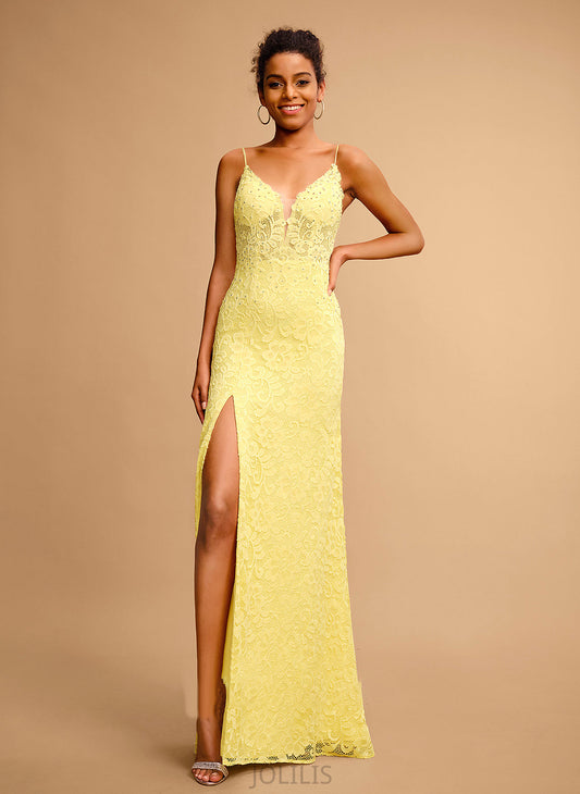 Lace Lea Beading V-neck With Floor-Length Sheath/Column Prom Dresses