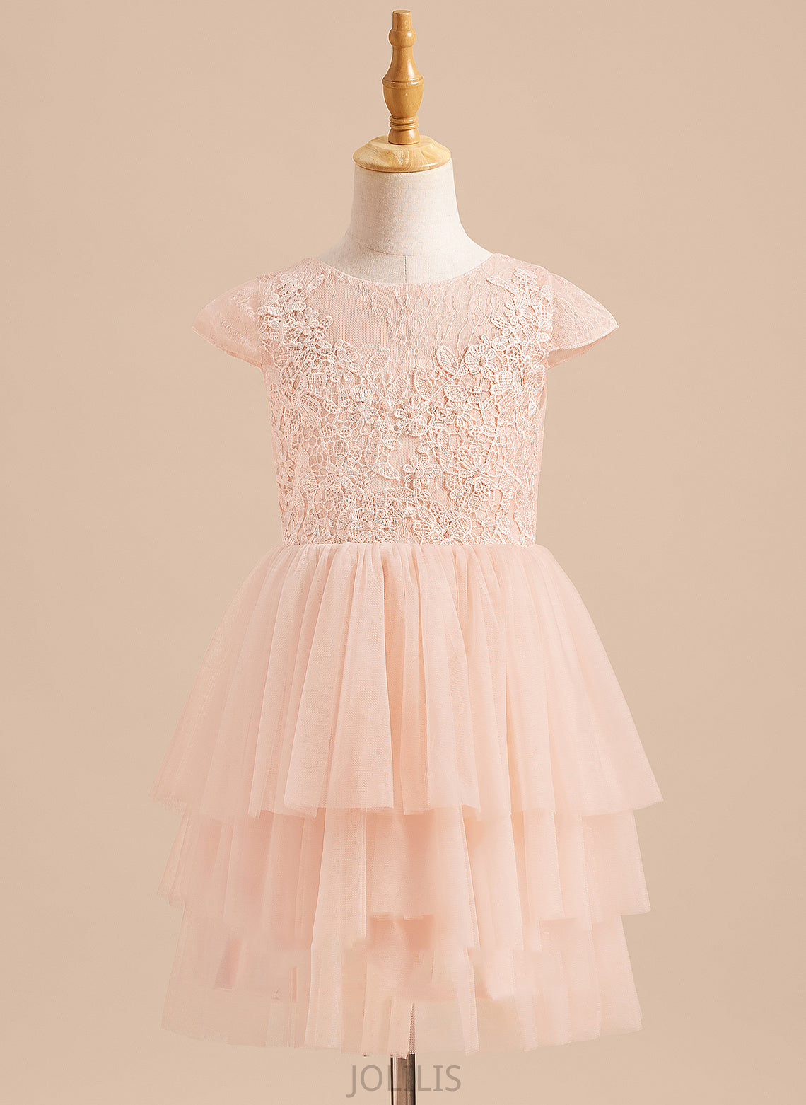 Knee-length Scoop Neck Girl With Back Sleeves - Lace/V A-Line Tulle Monique Flower Girl Dresses Flower Dress Short