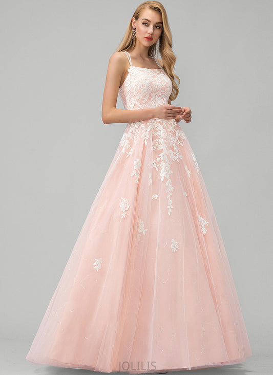 Ball-Gown/Princess Tulle Sequins Prom Dresses Charity With Floor-Length Neckline Square Lace