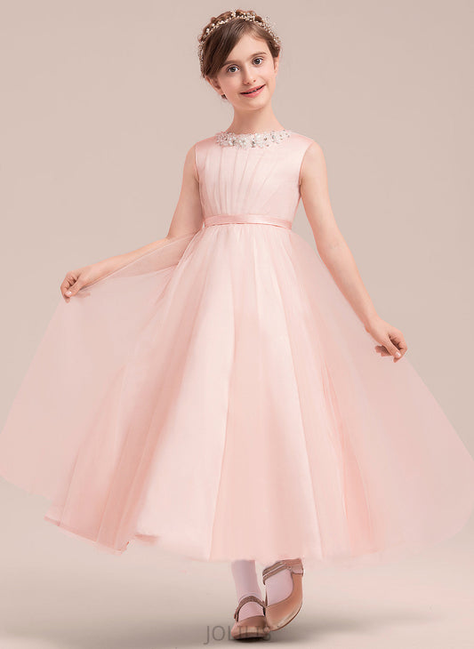 Satin/Tulle Flower Dress Neck Ankle-length A-Line/Princess Scoop Girl - Emily With Sleeveless Beading/Bow(s) Flower Girl Dresses