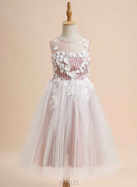 Scoop Sleeveless Flower Neck Kiley With Flower Girl Dresses A-Line - Girl Tea-length Tulle Lace/Beading/Flower(s) Dress