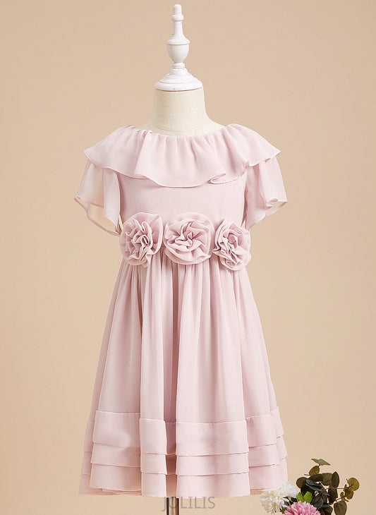 Chiffon Back Knee-length Flower Sleeves With Dress Neck Scoop Girl A-Line Ruffles/Flower(s)/V Short Savanah - Flower Girl Dresses