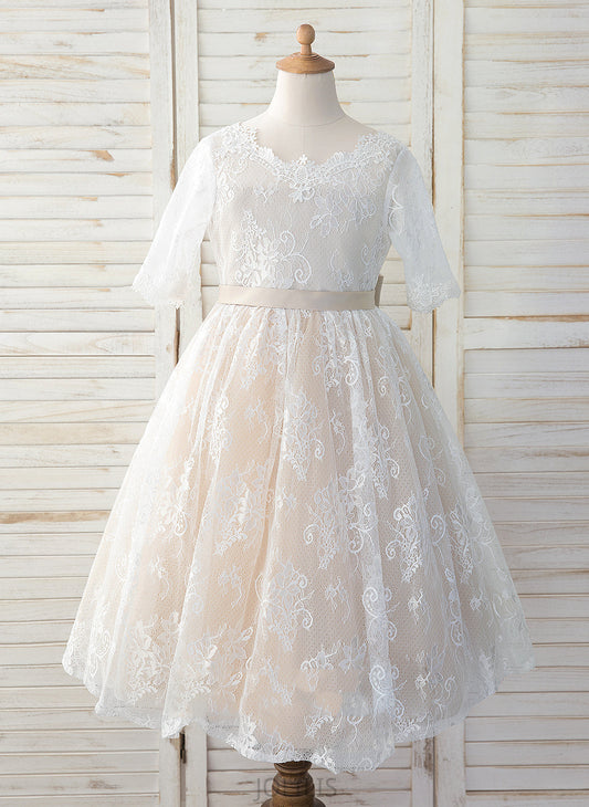 Bow(s) With Flower Girl Dresses Amya Scoop - Girl Dress Neck Tea-length 3/4 Sleeves Flower Tulle/Lace A-Line