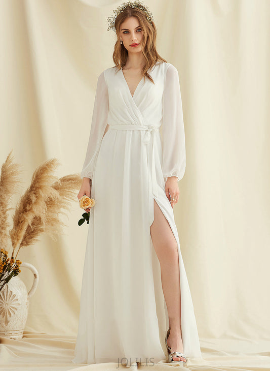 A-Line With Dress Floor-Length Jordyn Split Wedding Wedding Dresses Front V-neck Chiffon