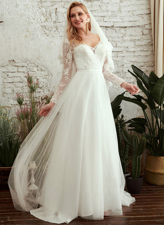 Wedding Dresses V-neck Sequins A-Line Sweep With Wedding Dress Alissa Train Beading