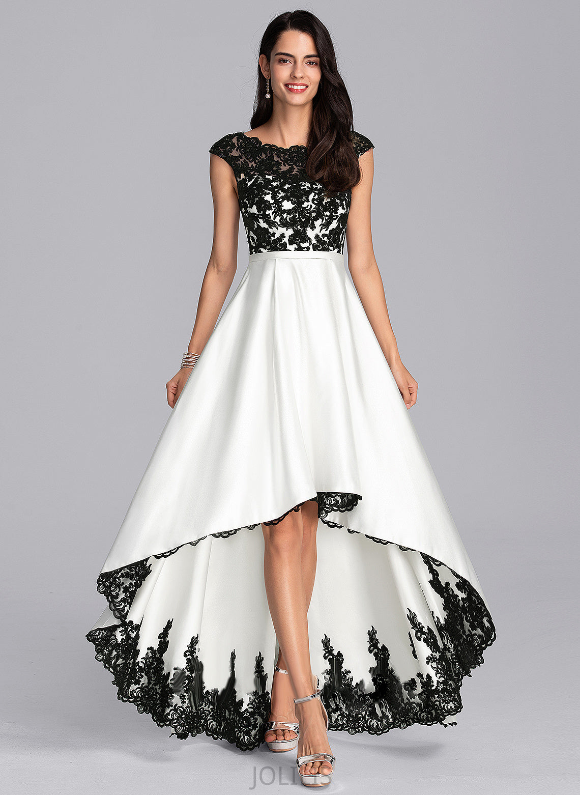 Asymmetrical Illusion Wedding Dresses A-Line Lilly Satin Scoop Wedding Lace Dress