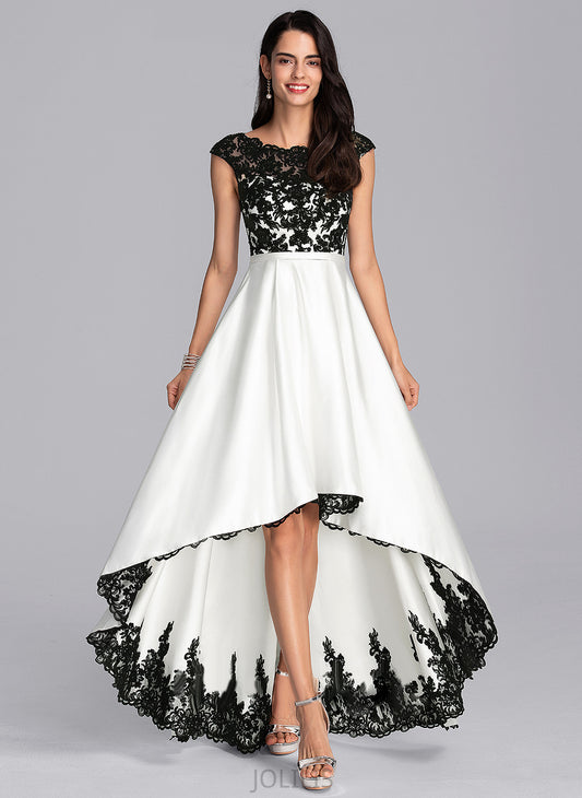 Asymmetrical Illusion Wedding Dresses A-Line Lilly Satin Scoop Wedding Lace Dress