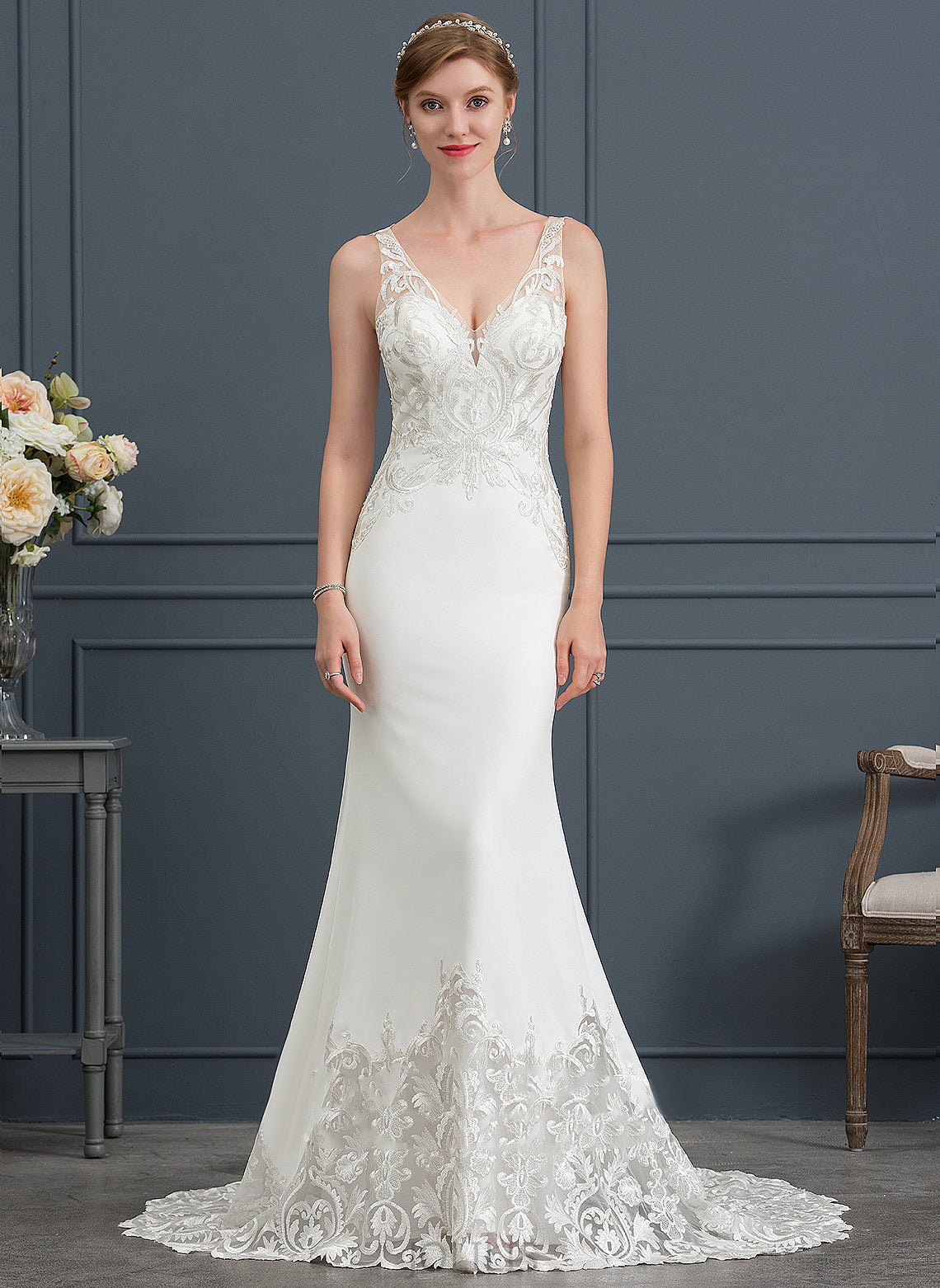 Dress Lace Larissa Court Stretch Trumpet/Mermaid Train Wedding Crepe V-neck Wedding Dresses