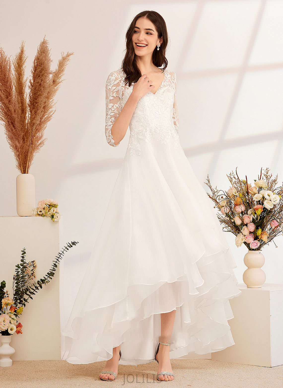 With Asymmetrical V-neck Sequins Beading Leyla Wedding Dresses Dress A-Line Wedding