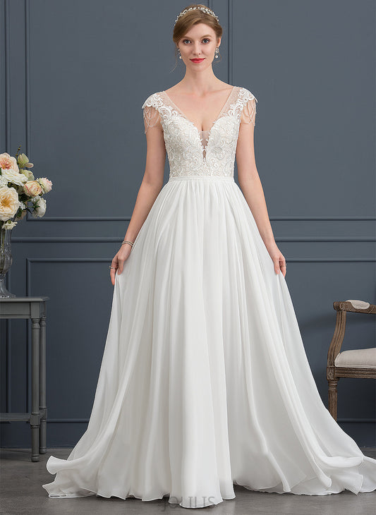 Dress Sequins Amani V-neck A-Line Sweep Train Chiffon With Wedding Lace Beading Wedding Dresses