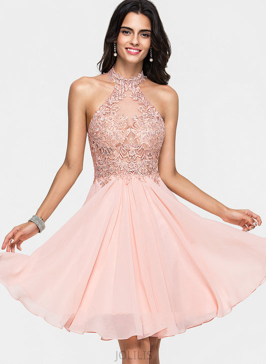 Knee-Length Dress Homecoming Dresses Halter Beading A-Line Jackie Chiffon Lace With Homecoming