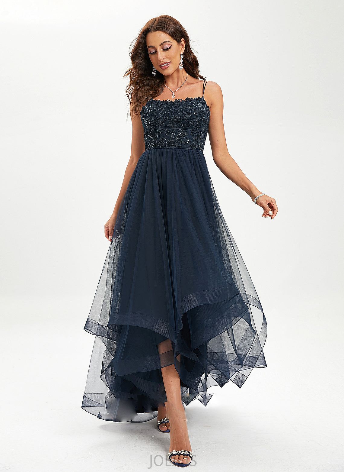 Sequins Scoop Neck Prom Dresses Asymmetrical Lace Ball-Gown/Princess With Willa Tulle