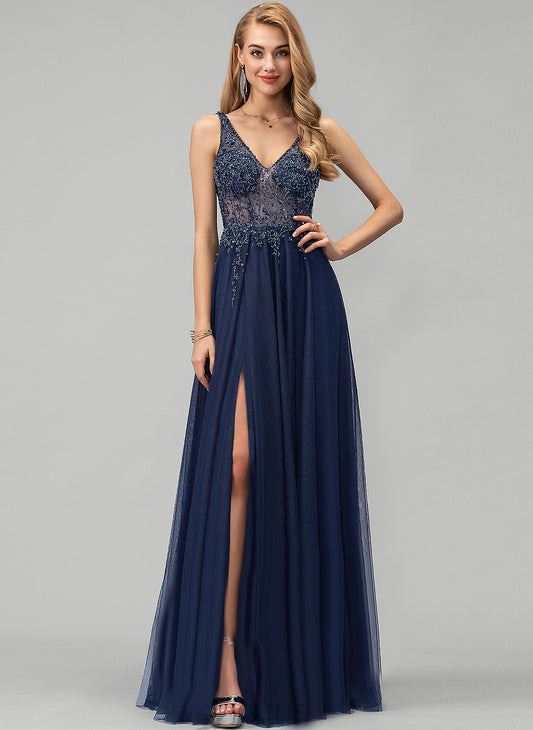 Sequins Prom Dresses V-neck A-Line Floor-Length With Beading Kiara Tulle