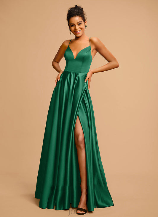 V-neck Satin Martha A-Line Prom Dresses Floor-Length