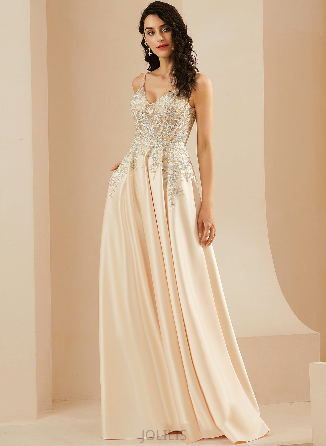 Lace Floor-Length V-neck Prom Dresses Emilia Satin A-Line